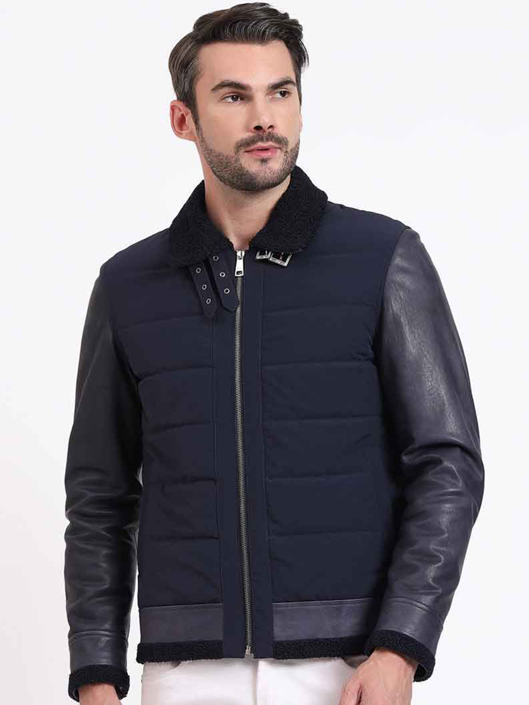 Saint G Men Camouflage Satin Water Resistant Leather Jacket with Patchwork