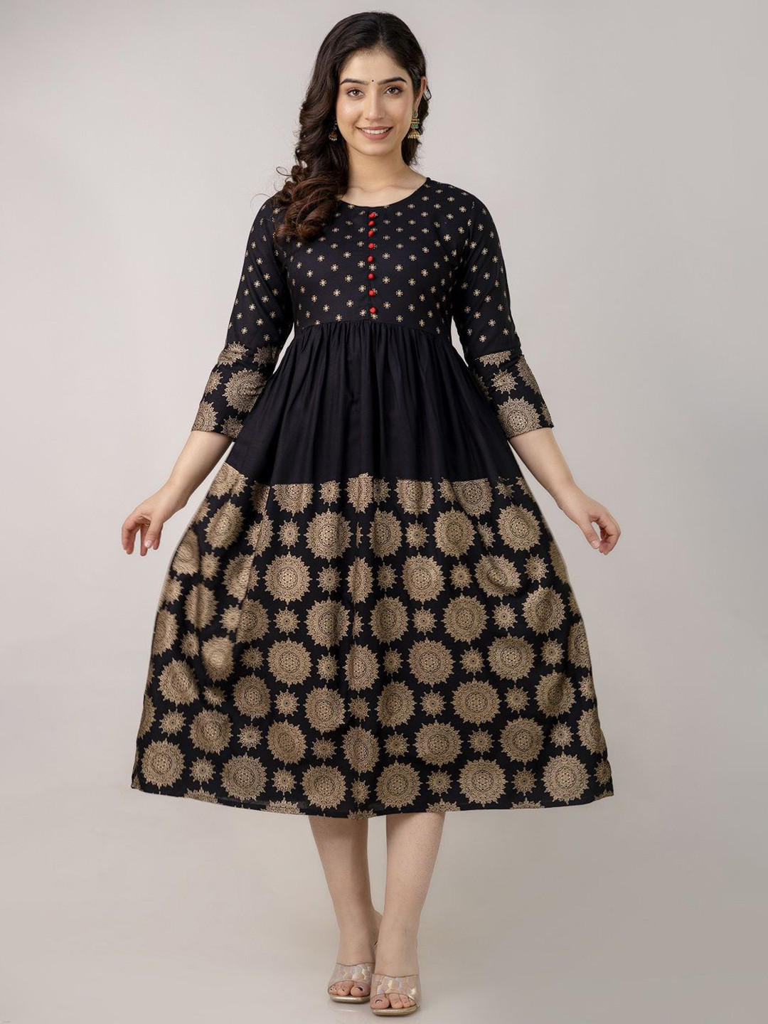 SUNEKH Printed Midi-Length Fit and Flare Ethnic Dresses