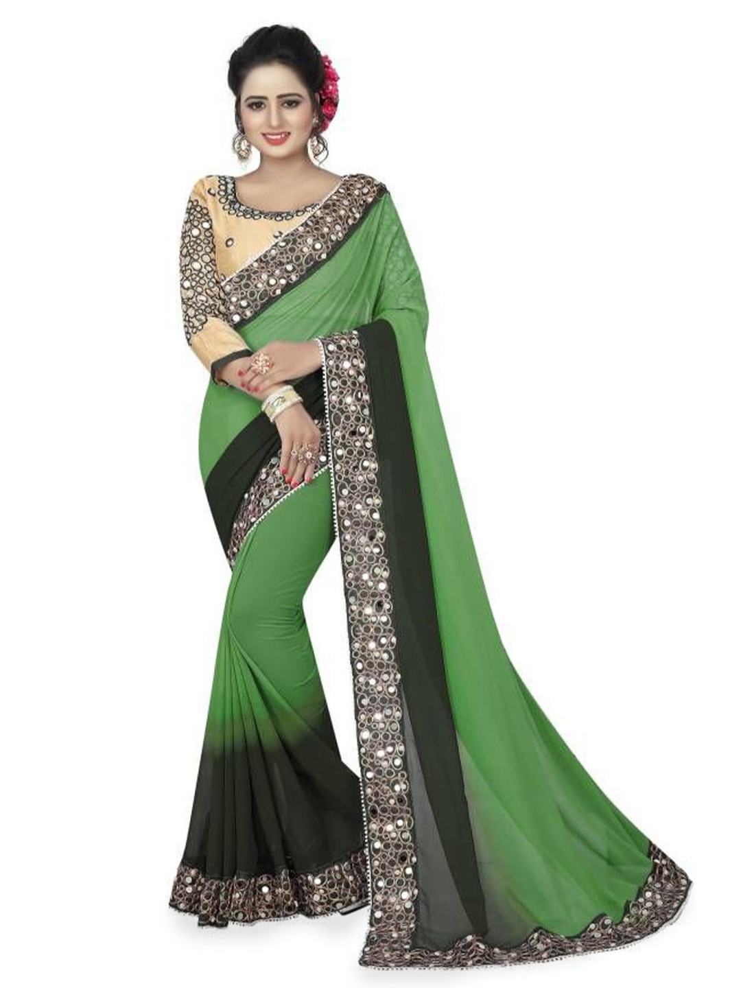 Shiroya Brothers Colourblocked Mirror Work Pure Georgette Designer Saree