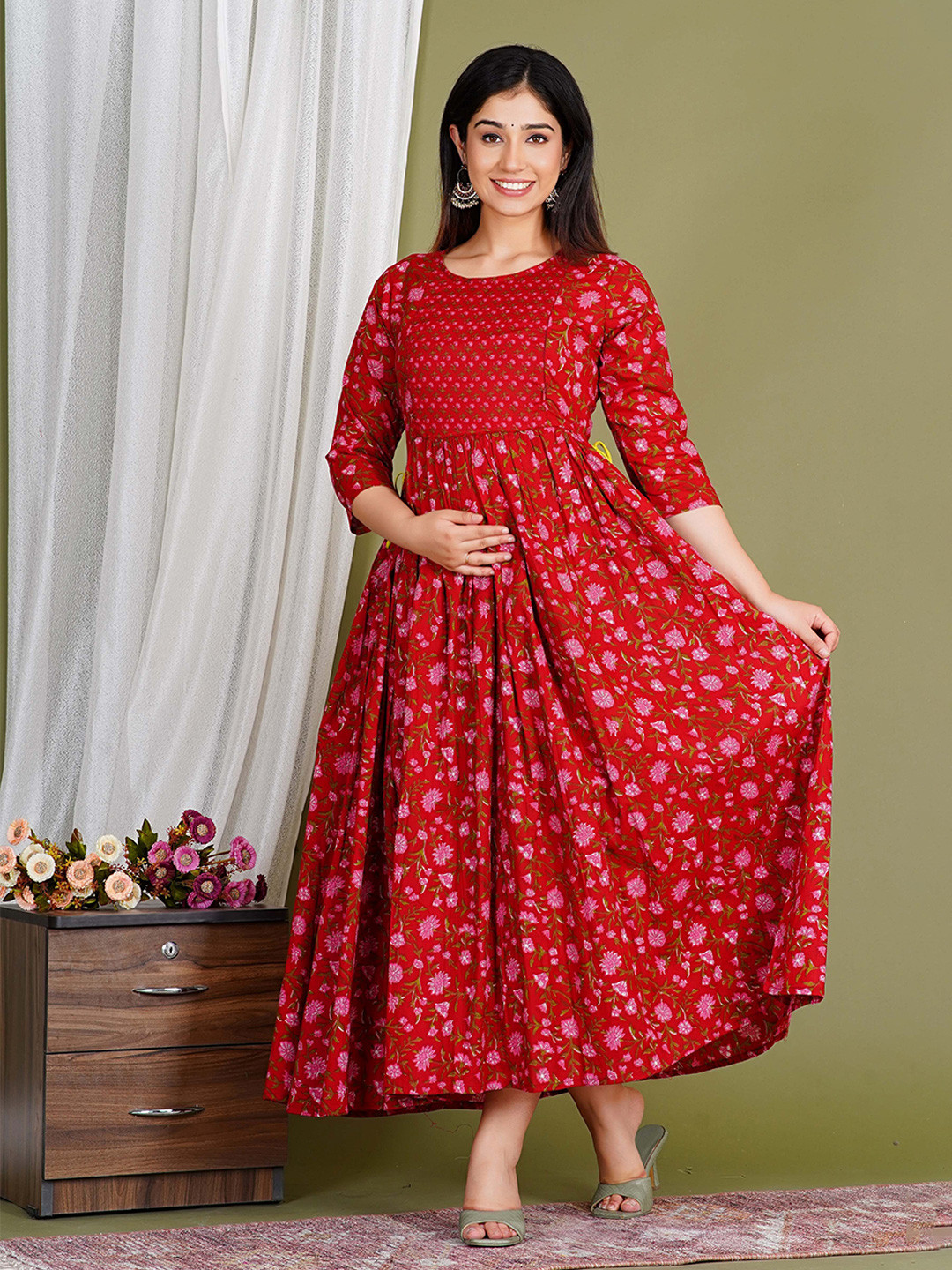 Red Floral Print Fit & Flare Midi Dress