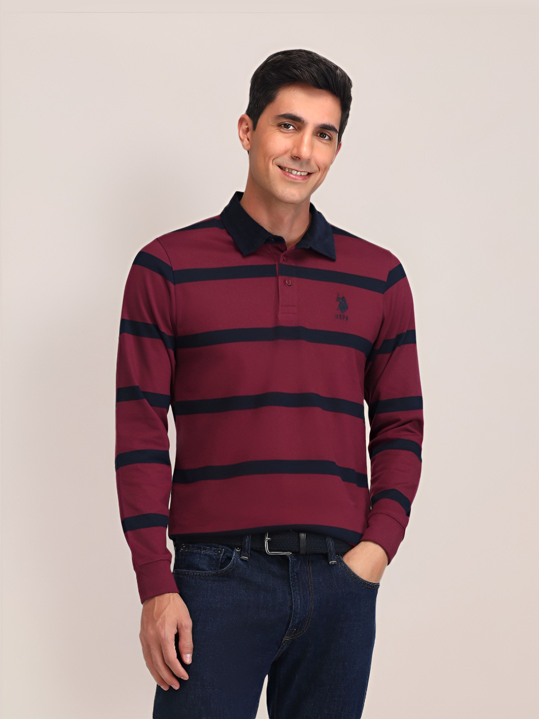 U.S. Polo Assn. Men Striped Polo Collar Pockets Slim Fit T-shirt