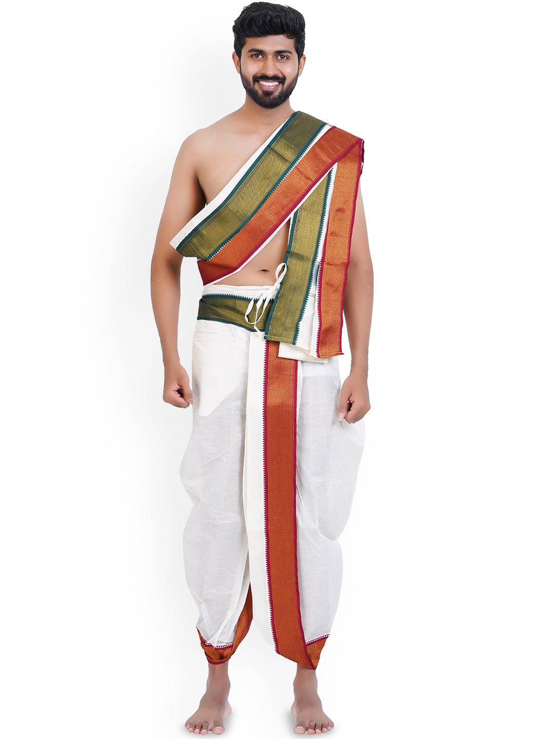 Ethazh Mens Cotton 16 Mayilkan Border Solid White Panchakacham with Angavasthiram