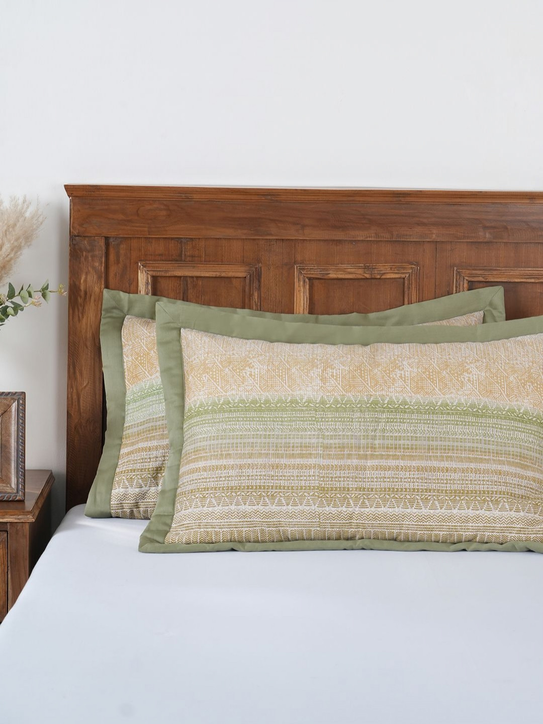 MASPAR Indigenous Artisan Green & White 2 Pieces Abstract Pure Cotton Pillow Covers