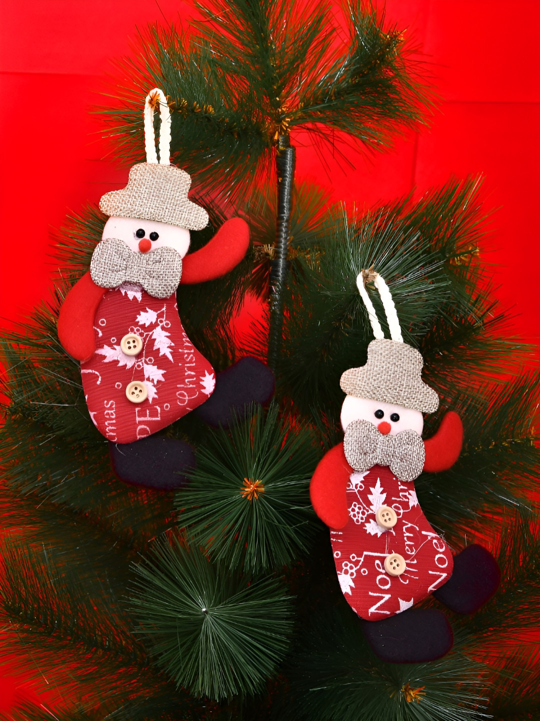 TAYHAA 2-Pcs Red & White Whimsical Felt Santa Ornament