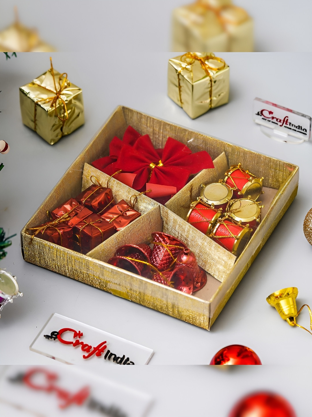 eCraftIndia 20-Pcs Red & Yellow Christmas Gifts Bells Ribbons Drums