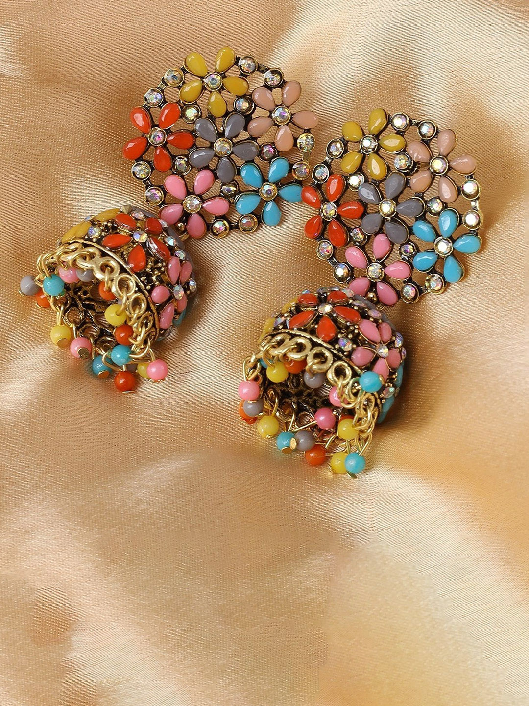 VAMA Women Gold Plated Multicolour Kundan Floral Jhumka Set