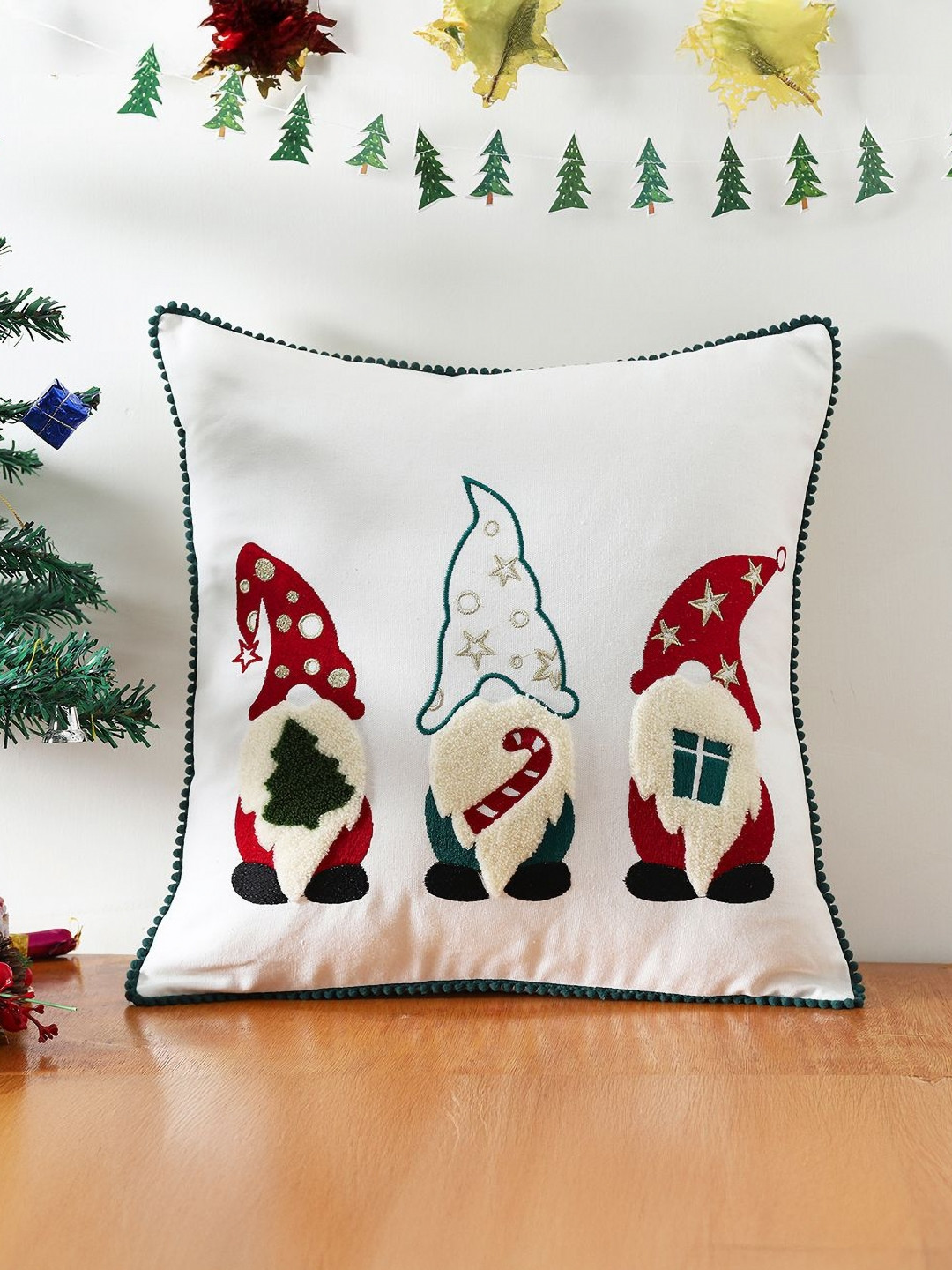 Ratan Cart Light-Weight White Cotton Breathable Embroidered Square Cushion Cover -16x16In