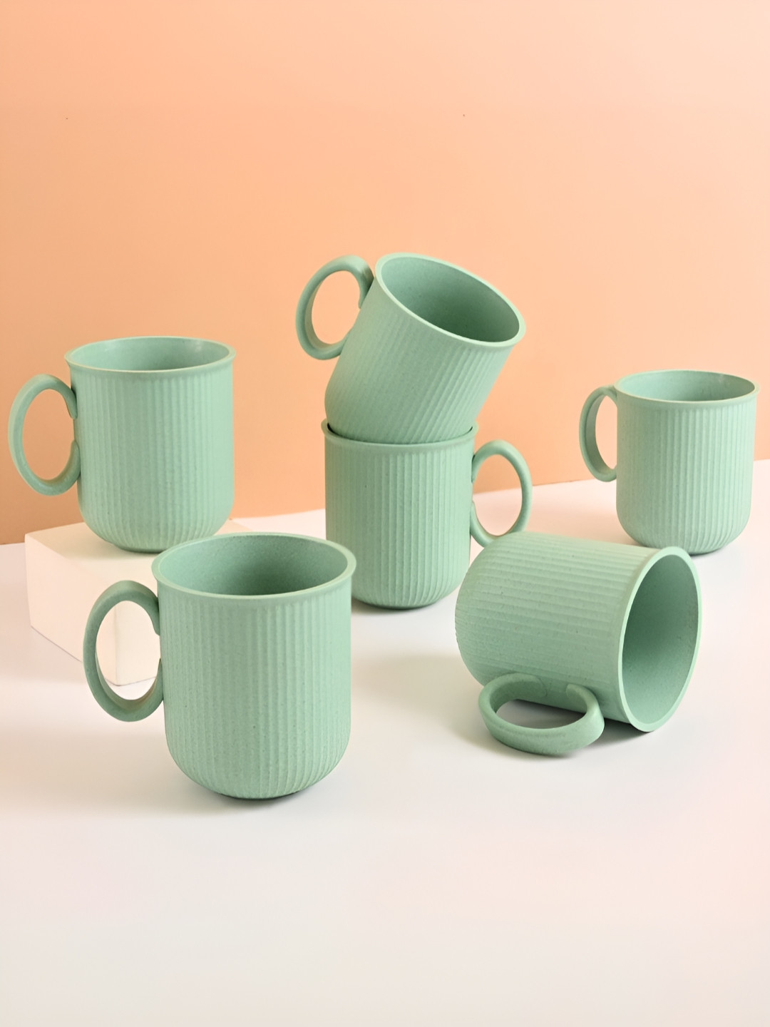 eha Green Striped Biocomposite Handmade 6 Piece Cups-350ml