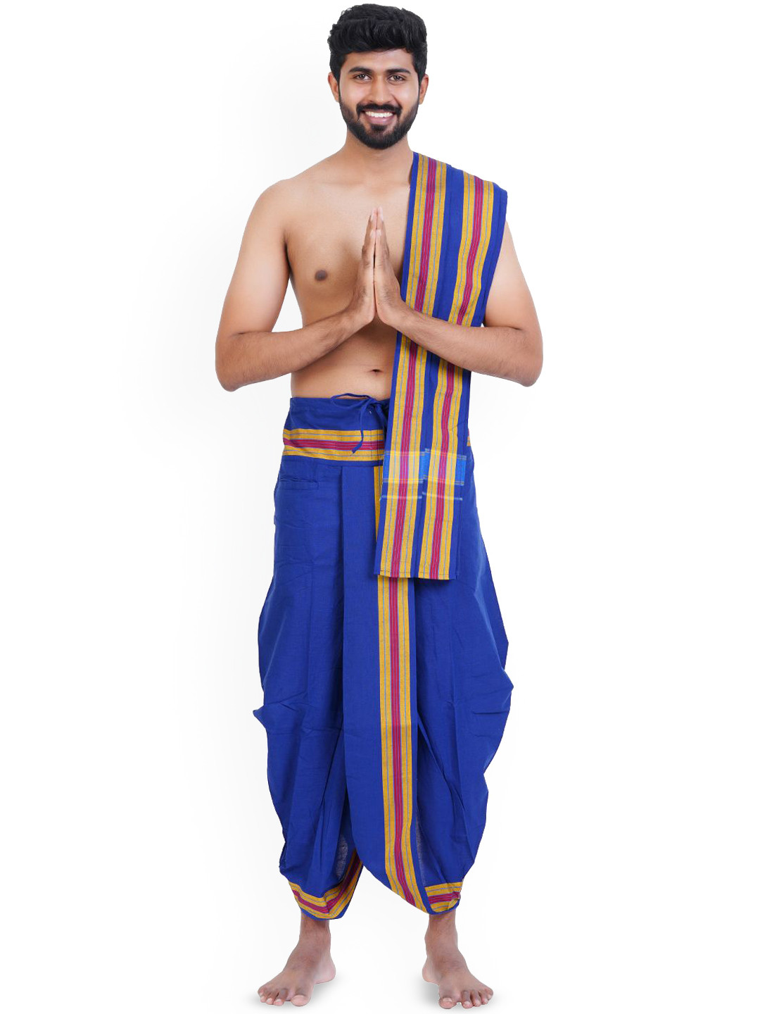 Ethazh Mens Cotton 9*5 Acharya Ink Blue Panchakacham with Angavasthiram
