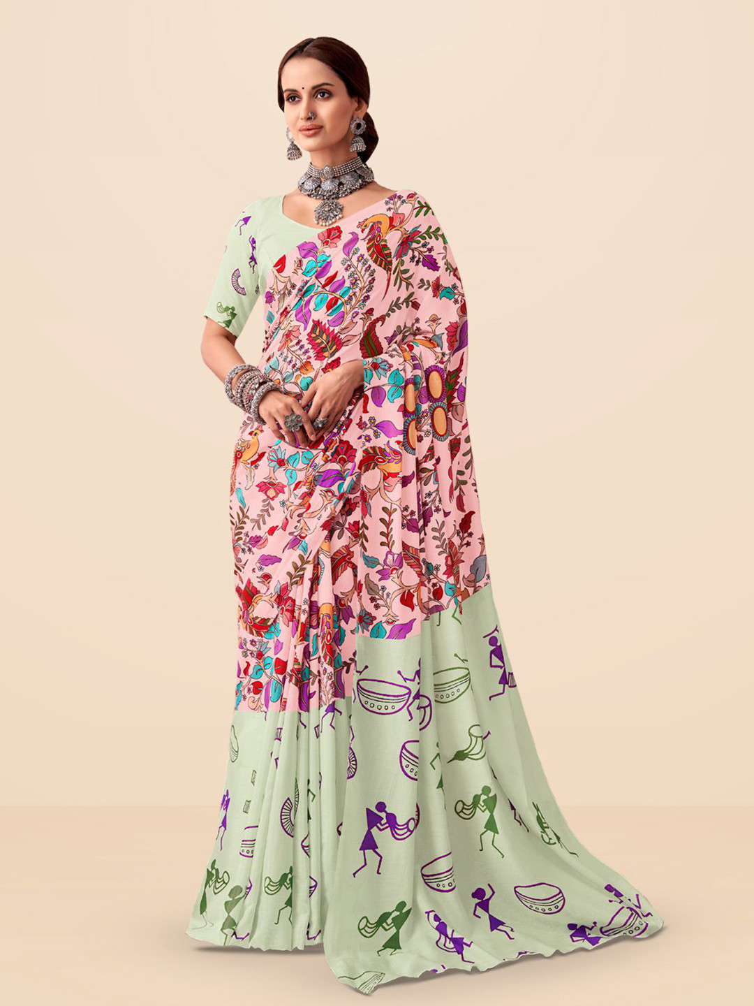 SARHA Kalamkari Pure Georgette Half and Half Saree