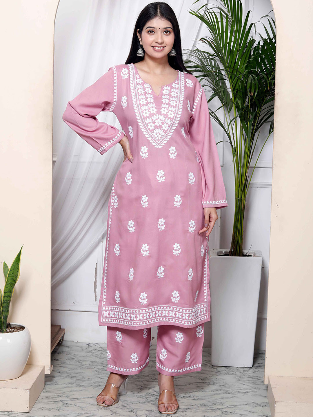 MIRAVAN Women Ethnic Motifs Embroidered Regular Chikankari Pure Cotton Kurta with Palazzos