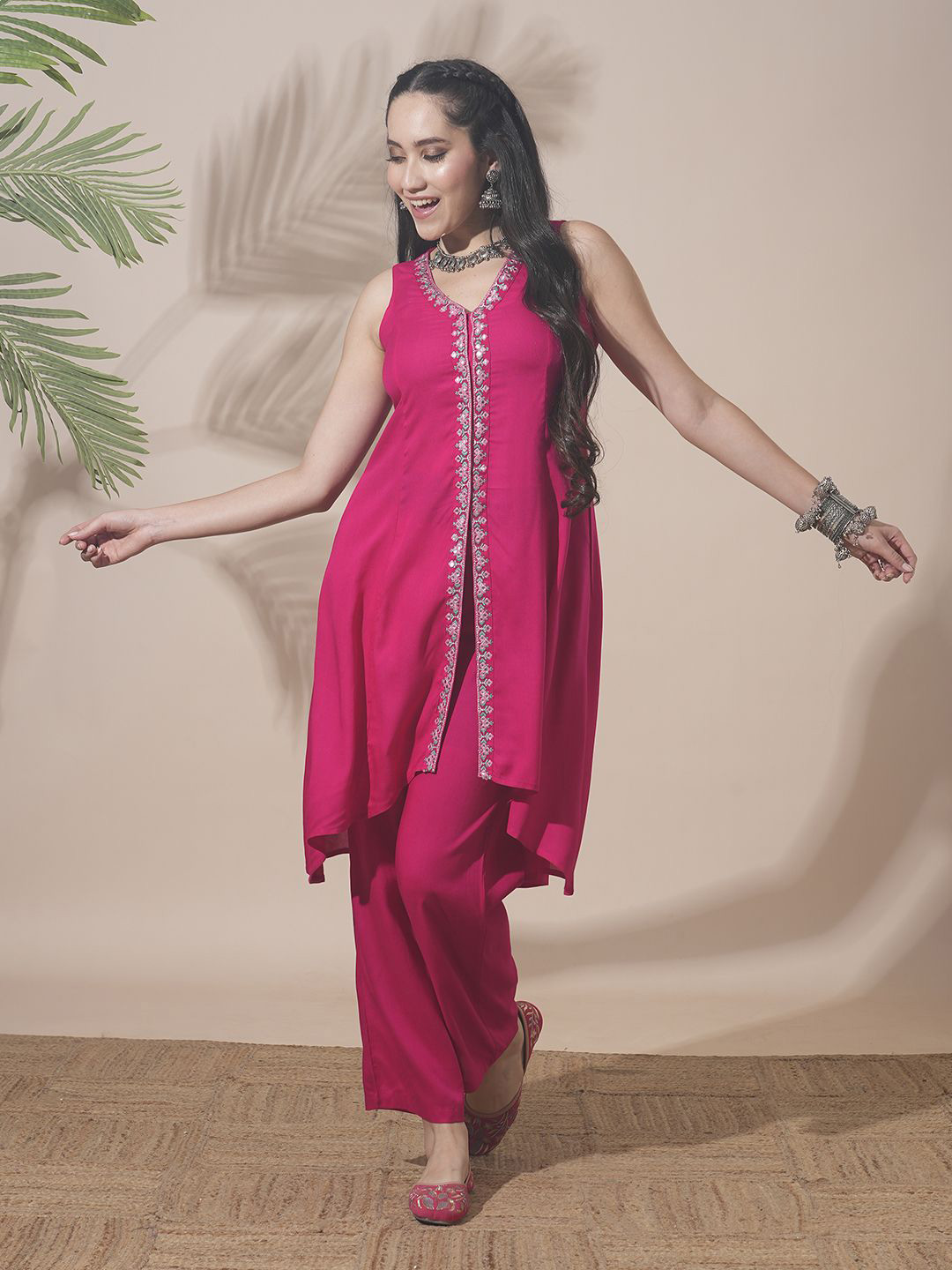 Globus V-Neck Embroidered & Mirror Work High-Low Hem A-Line Kurta & Pants Fusion Wear Set