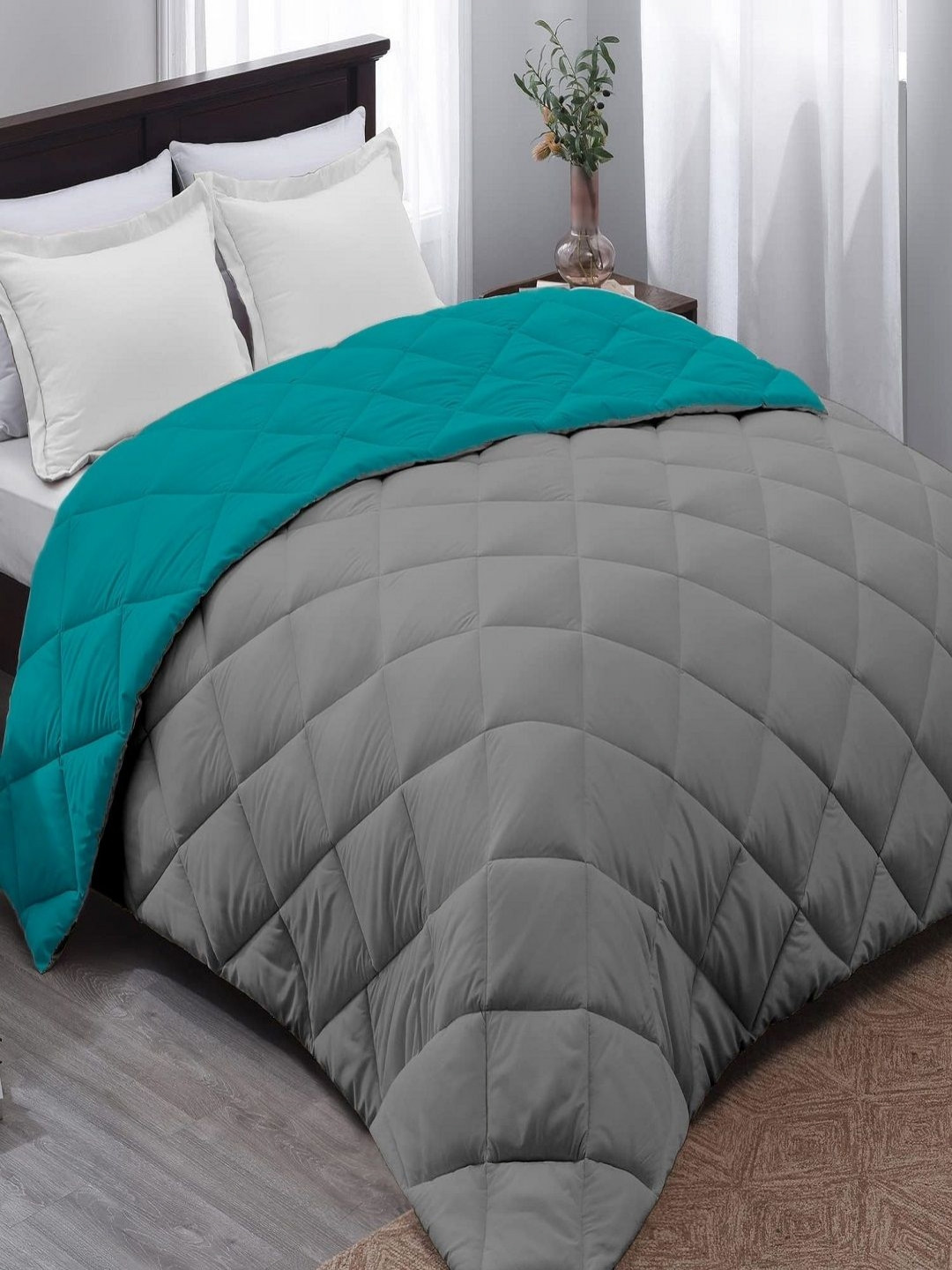 CHICERY Grey & Teal Heavy Winter 210 GSM Single Bed Comforter