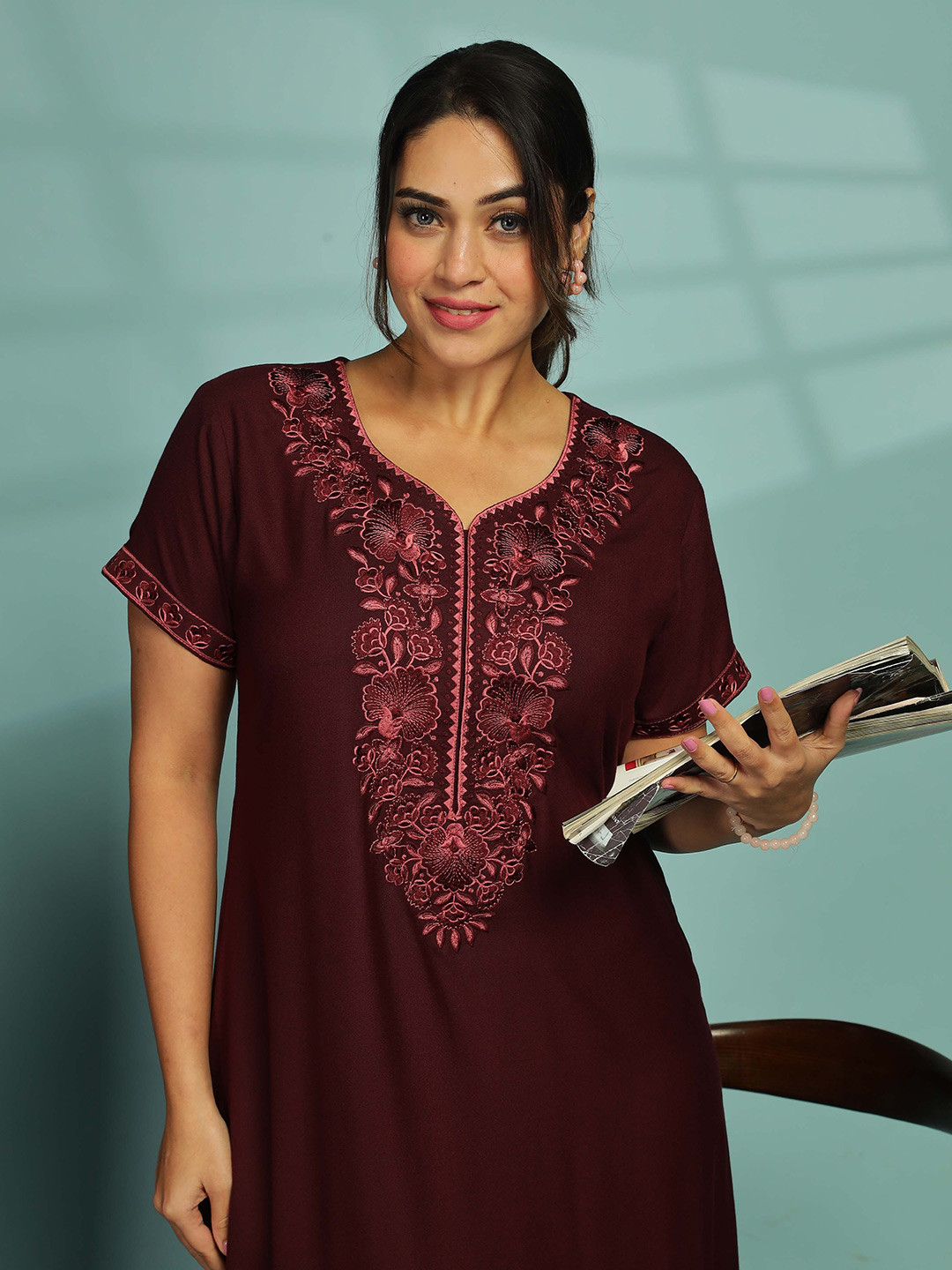 9shines Label Women Rose Wood Sadhabahar Nightdress with Intricate Embroidery