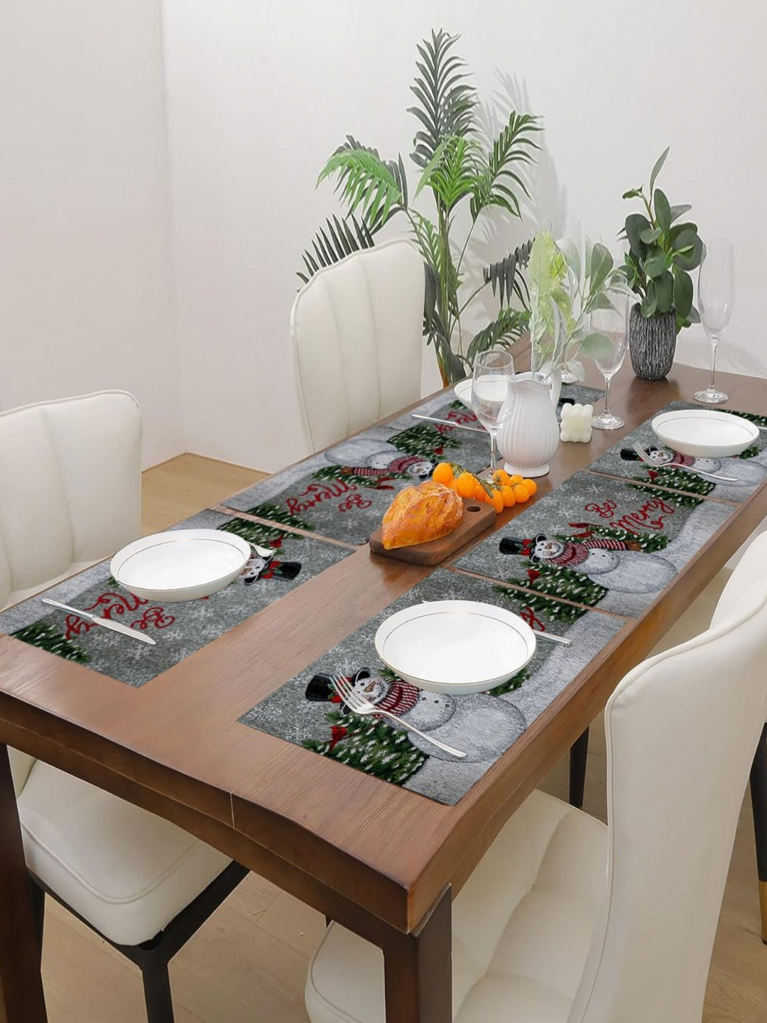 PRAKARTIK Set of 6 Grey & Green Printed Christmas Cotton Dining Table Placemats