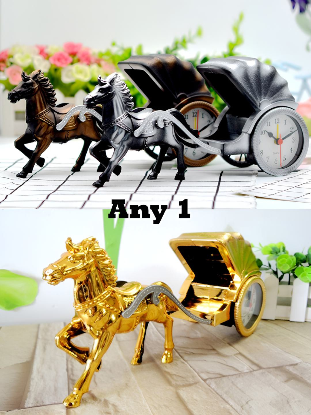 Spiaty Carriage White Plastic Round Battery Analogue Horse Alarm Clock
