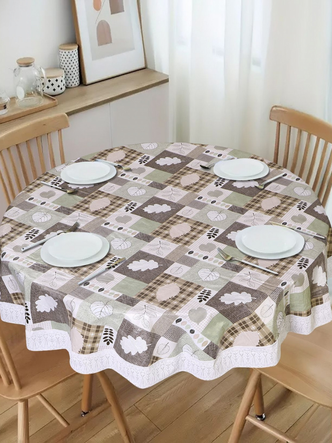 Dakshya Industries Green Geometric Printed Waterproof Plastic Round 6-Seater Table Cover