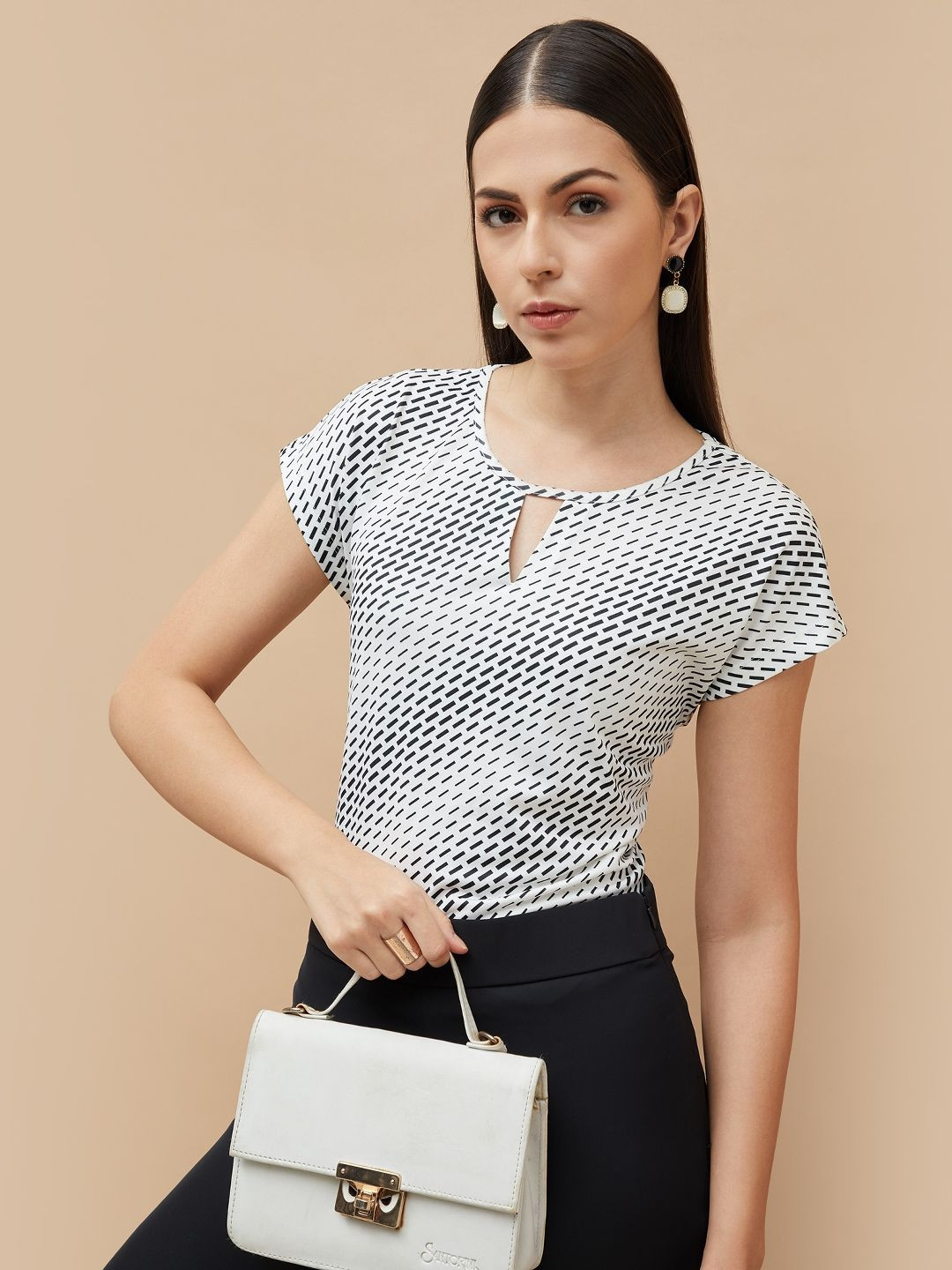 CODE by Lifestyle Women Polka Dot Extended Sleeves Pockets T-shirt
