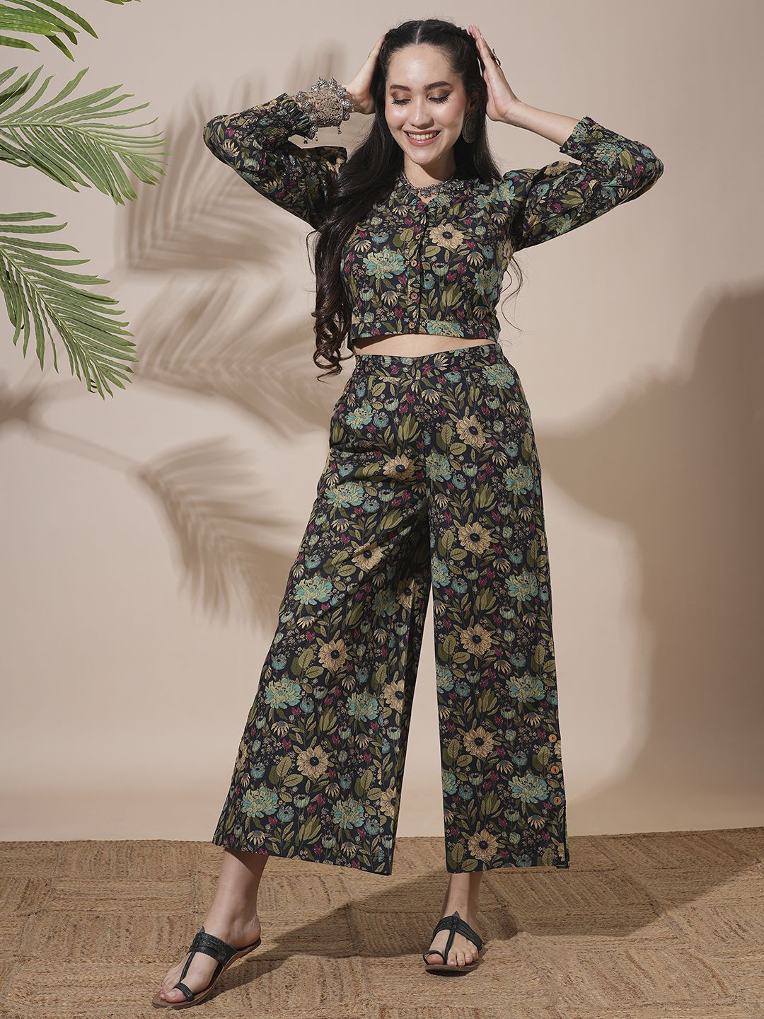 Globus Frilled V-Neck Floral Print Shirt Style Crop Top With Palazzos Fusion Co-Ord Set