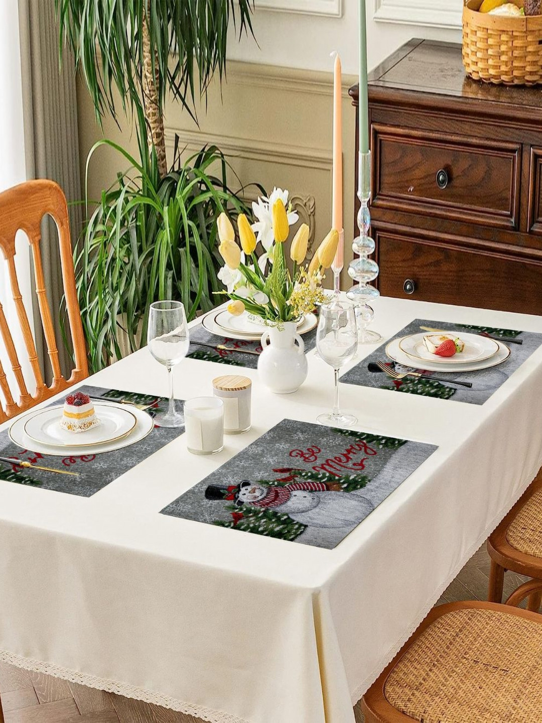PRAKARTIK Set of 4 Grey & Green Printed Christmas Cotton Dining Table Placemats