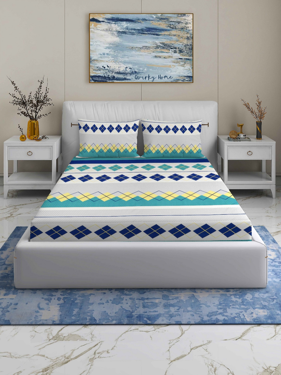 Quirky Home Turquoise Blue Geometric Microfiber 180 TC Queen Fine Bedsheet with 2 Pillow Covers-86 x 100 inches