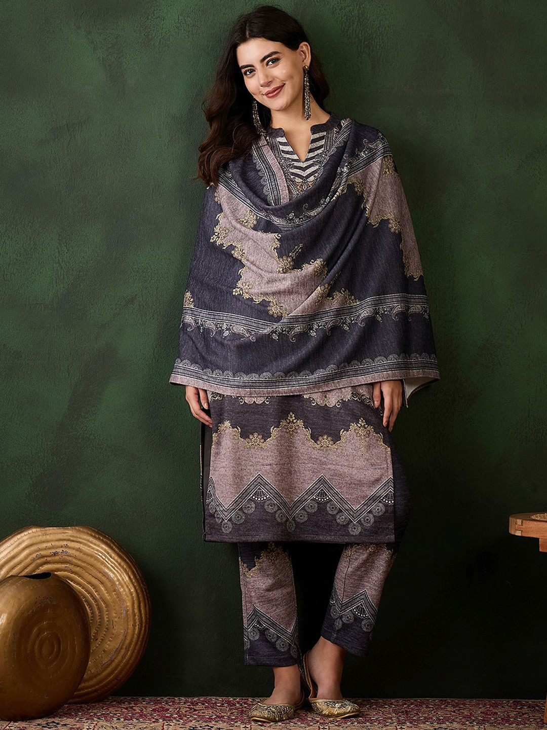 Sangria Self-Design Winter Kurta & Trouser With Dupatta
