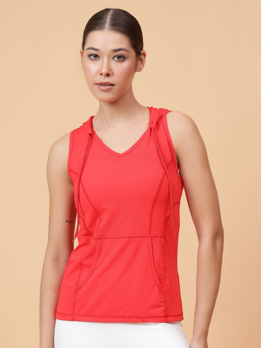 Fitkin Womens Red Self Design Sleeveless Hooded Tshirt