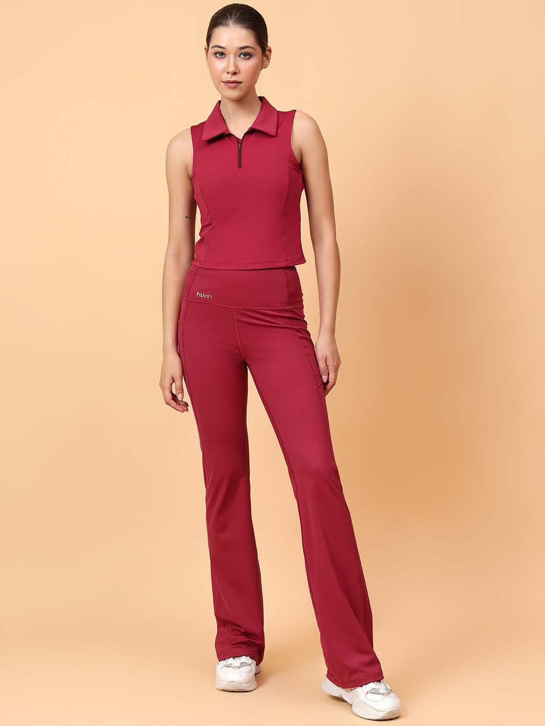 Ftkin Women Front Zipper Padded Collar Top