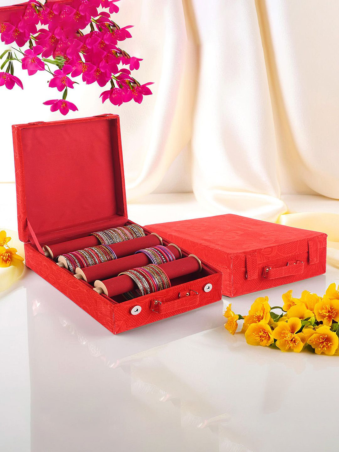 Kuber Industries Red 2 Pcs 4-Rod Bangle Box Jewellery Organiser Storage Box Magnetic Lock