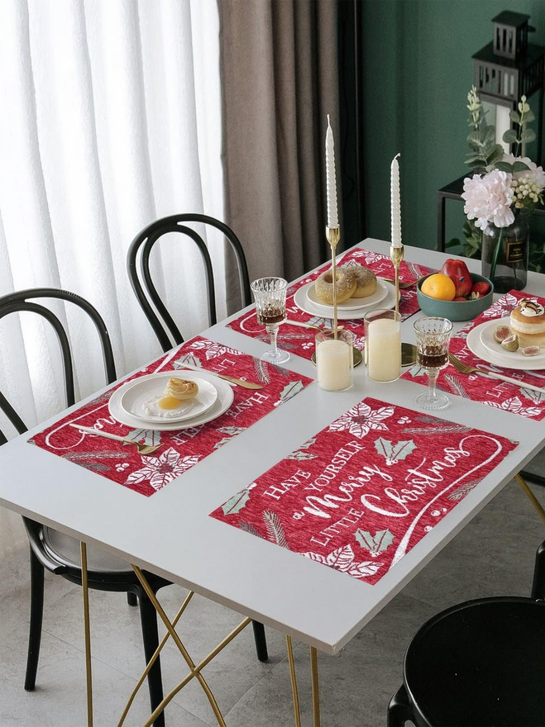 PRAKARTIK Set of 4 Red & White Embroidered Christmas Pure Cotton Dining Table Placemats