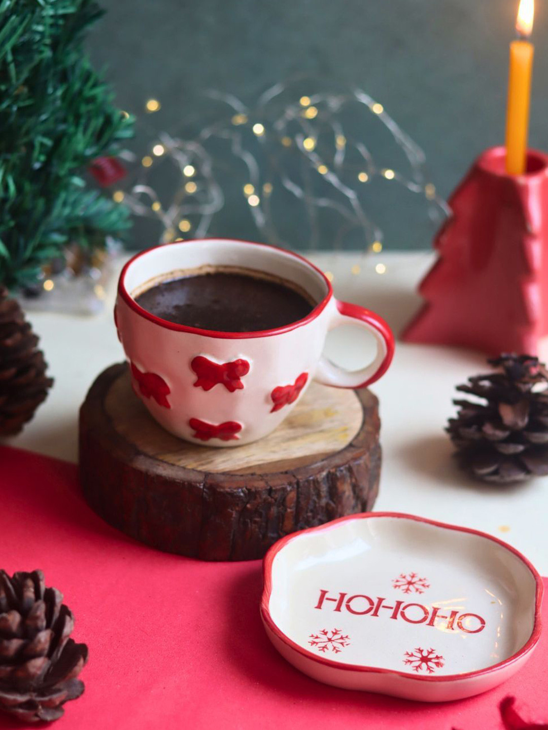 WEAVING HOMES Unique Curvy Design Red Conversational Ceramic Handmade Mug with Dessert Plate-220ml