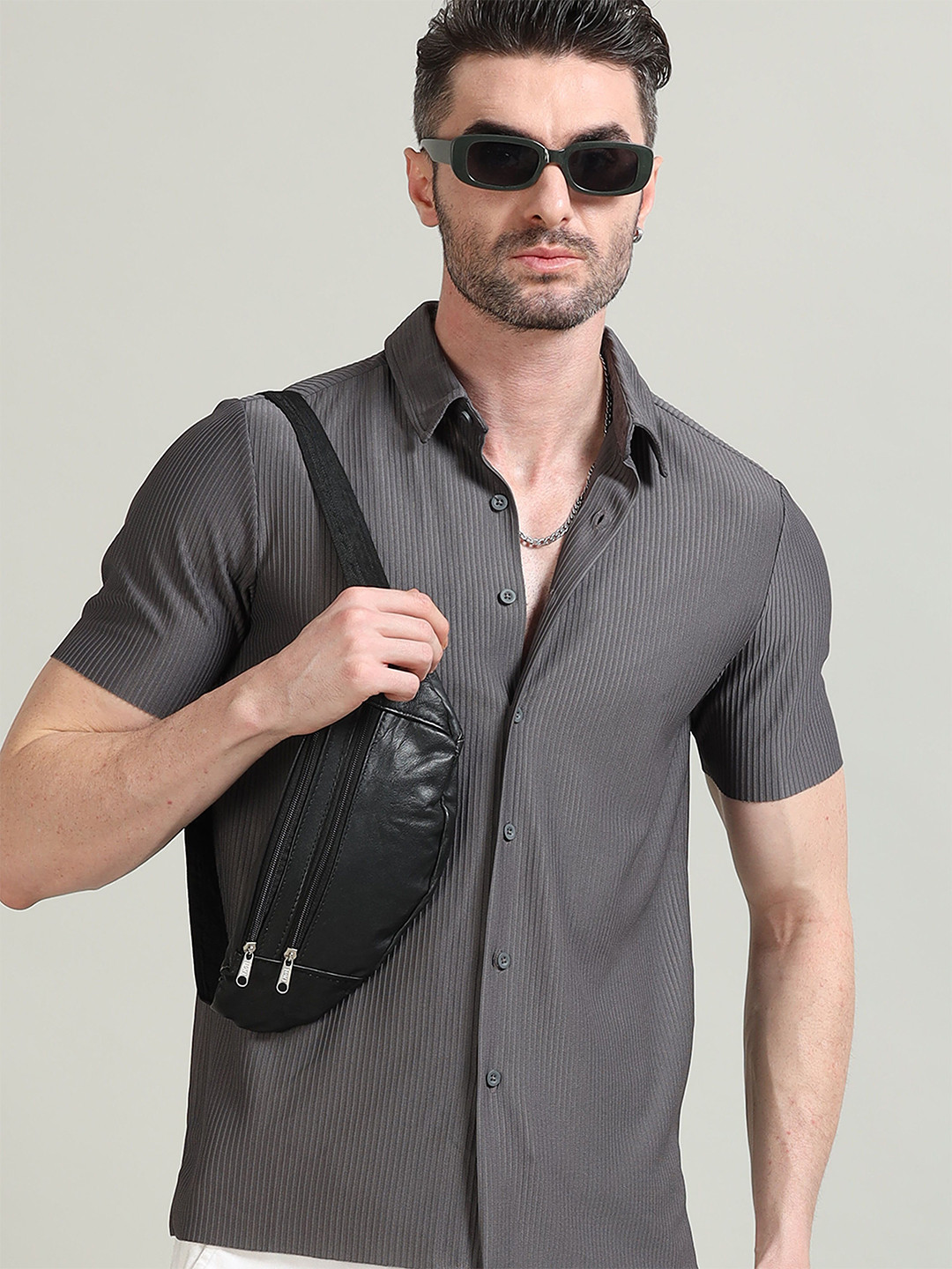 StitchX Men Half Sleeve Textured Knit Spread Collar Shirt