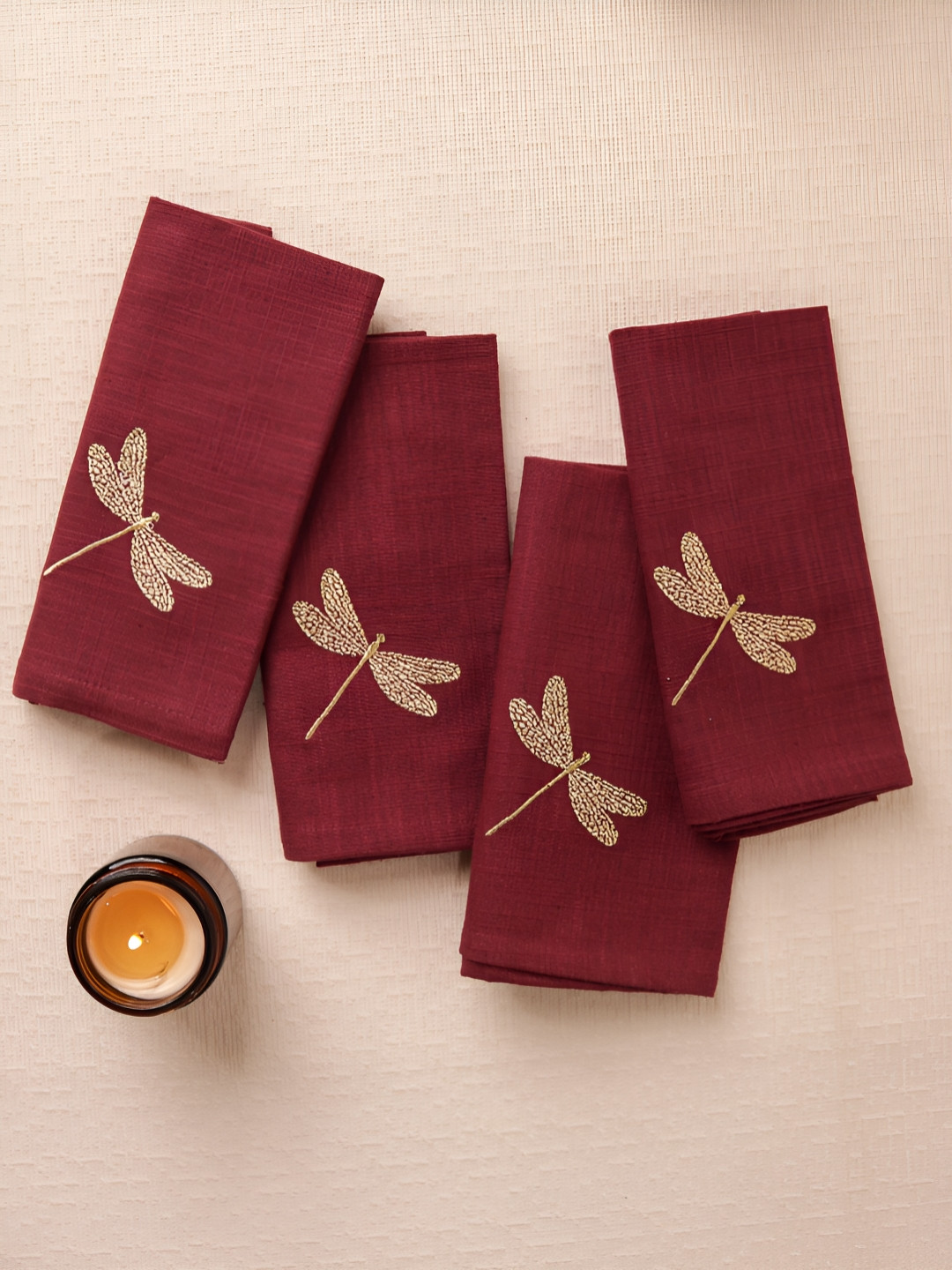 Glimpse Homes Burgundy Dragonfly 4 Pieces Embroidered Cotton Table Napkins