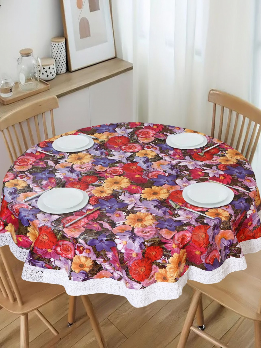 Dakshya Industries Red Floral Waterproof Plastic Round 6-Seater Table Cover with Patchwork details