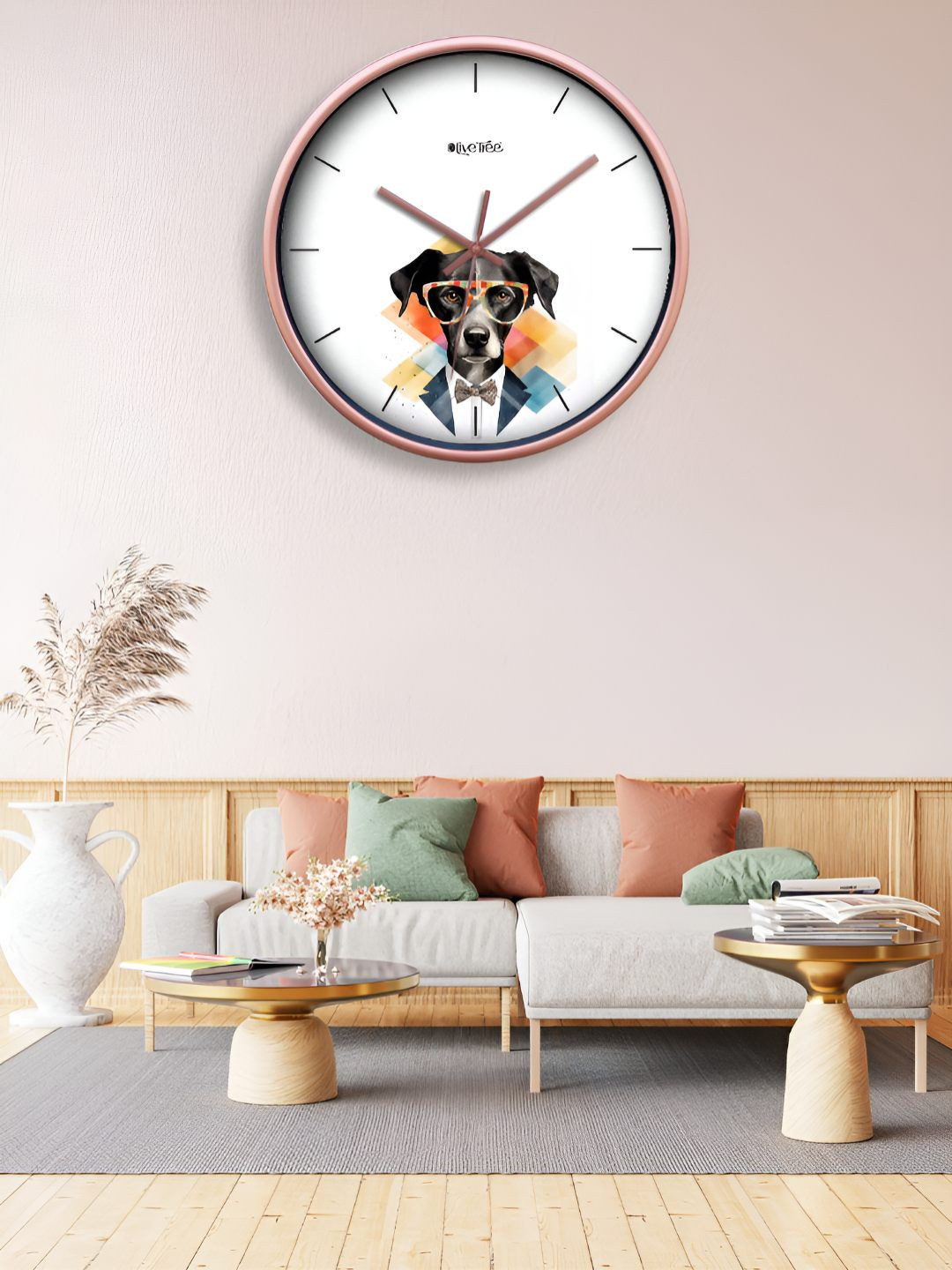 OLIVE TREE Copper Plastic Large Display Round Battery Analogue Dog Wall Clock-30.5cm