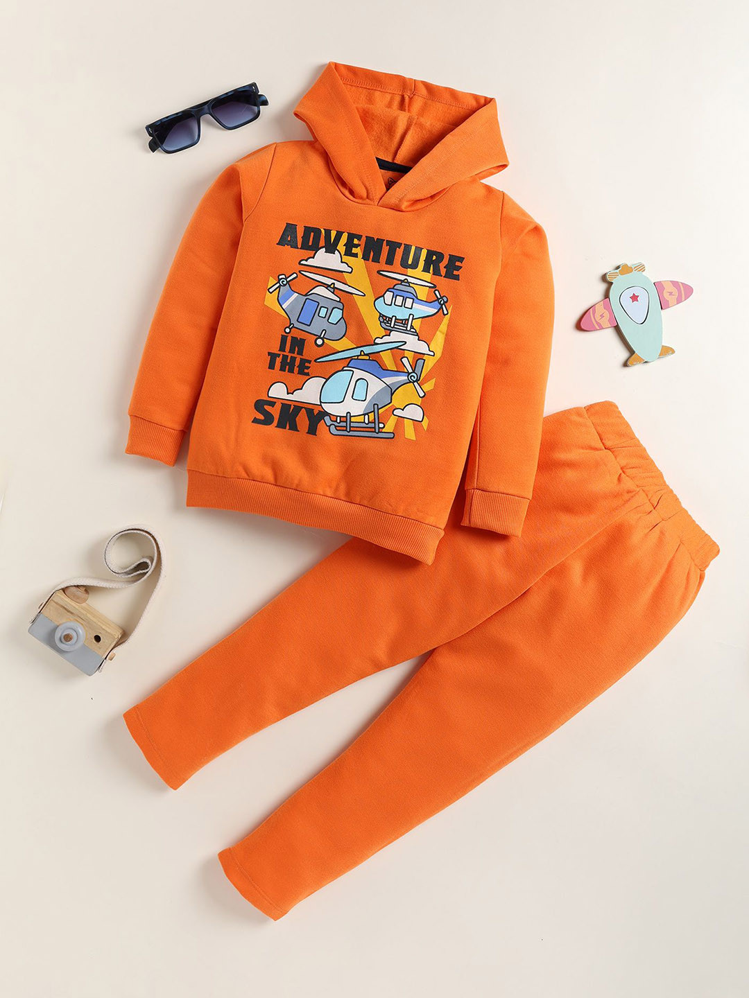 YK Boys Orange Adventure Helicopter Print Sweatshirt & Jogger Set