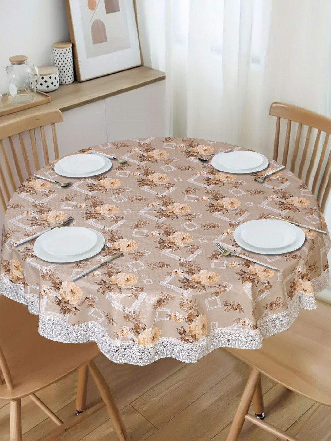 Dakshya Industries Brown Floral Waterproof Plastic Round 6-Seater Table Cover with Patchwork details