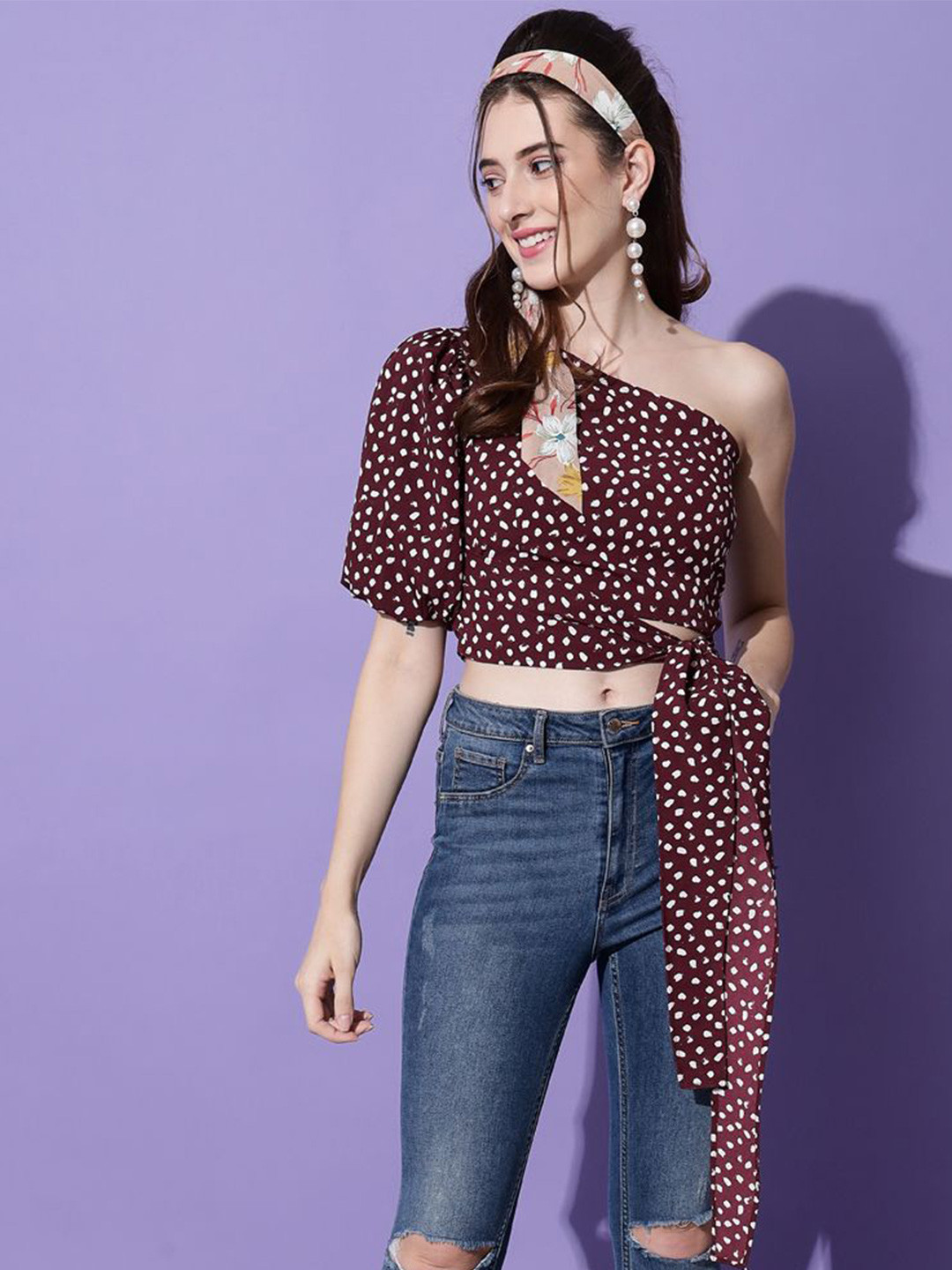 BAESD Geometric Print One Shoulder Crop Top