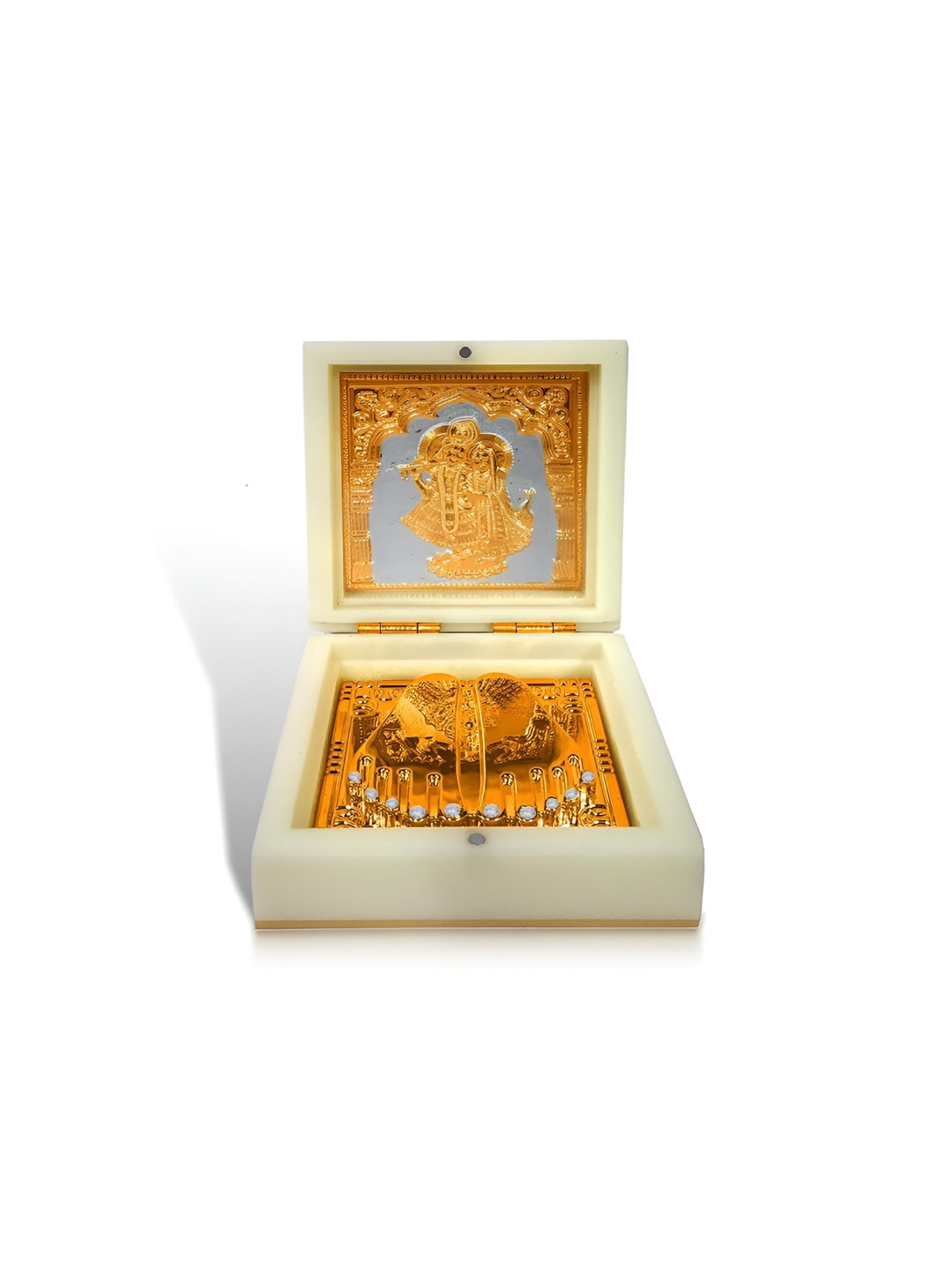 Adhvik Lord Radha Krishna Gold Metal Metallic Prayer Room Medium Showpiece - 3.9 Inches