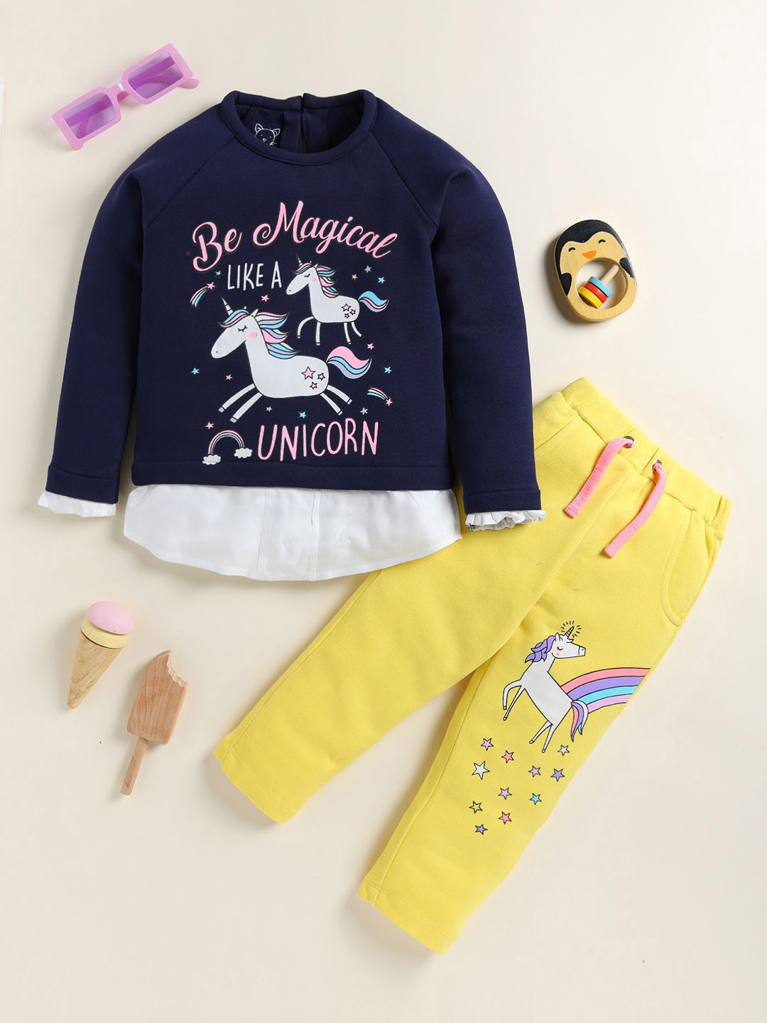 YK Girls Navy Blue & Yellow Unicorn Printed Top With Trouser
