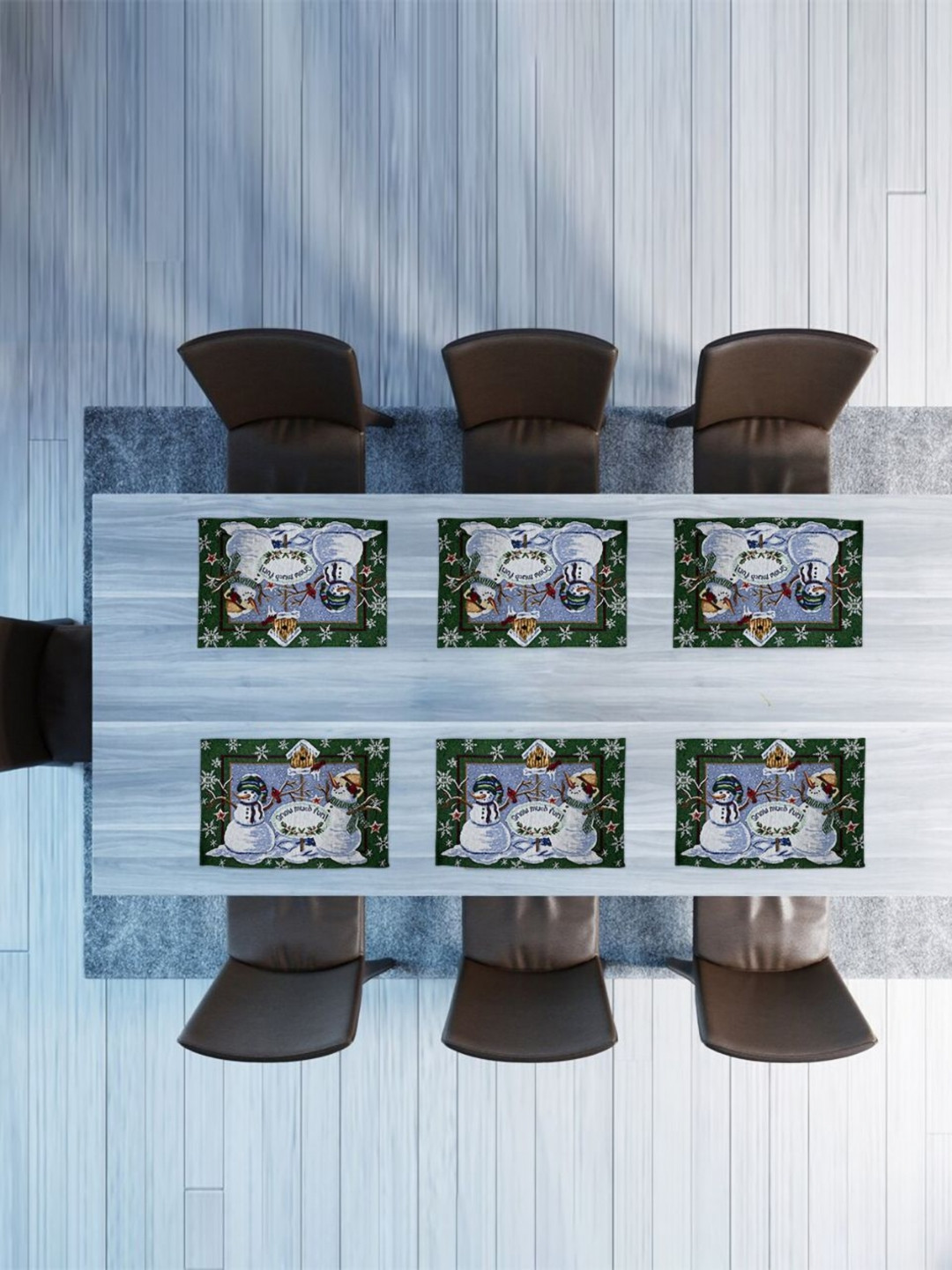 PRAKARTIK Set of 6 Green & White Snow Much Christmas Pure Cotton Dining Table Placemats