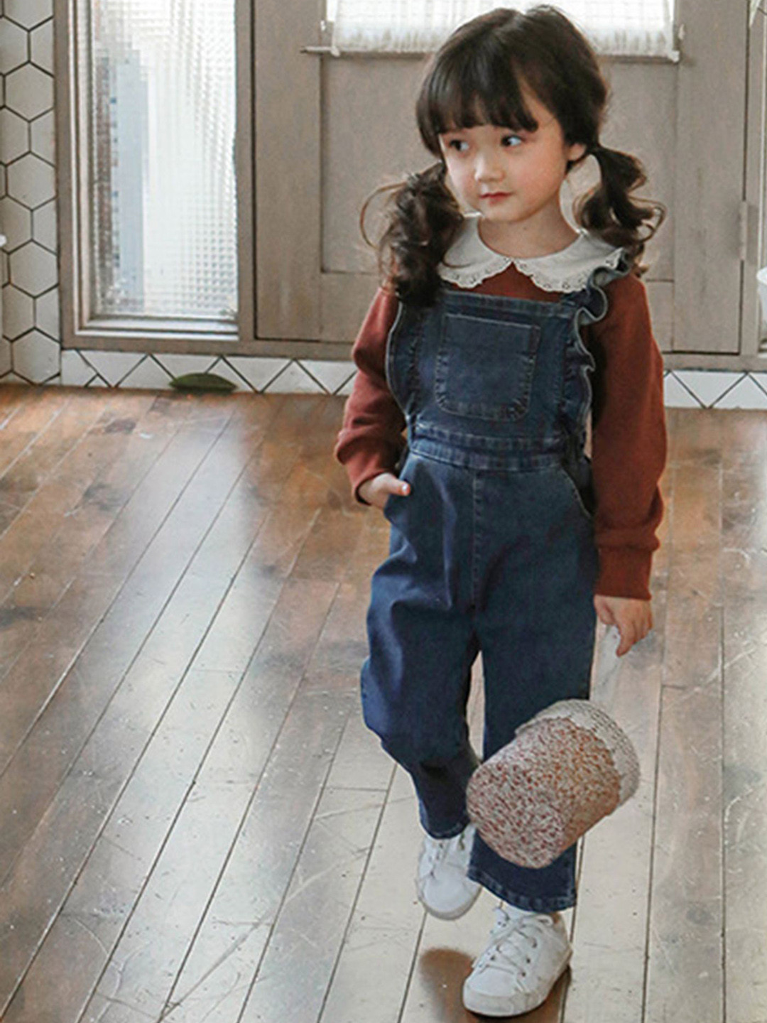LULU & SKY Infant Girls Ruffle Detail Denim Dungaree