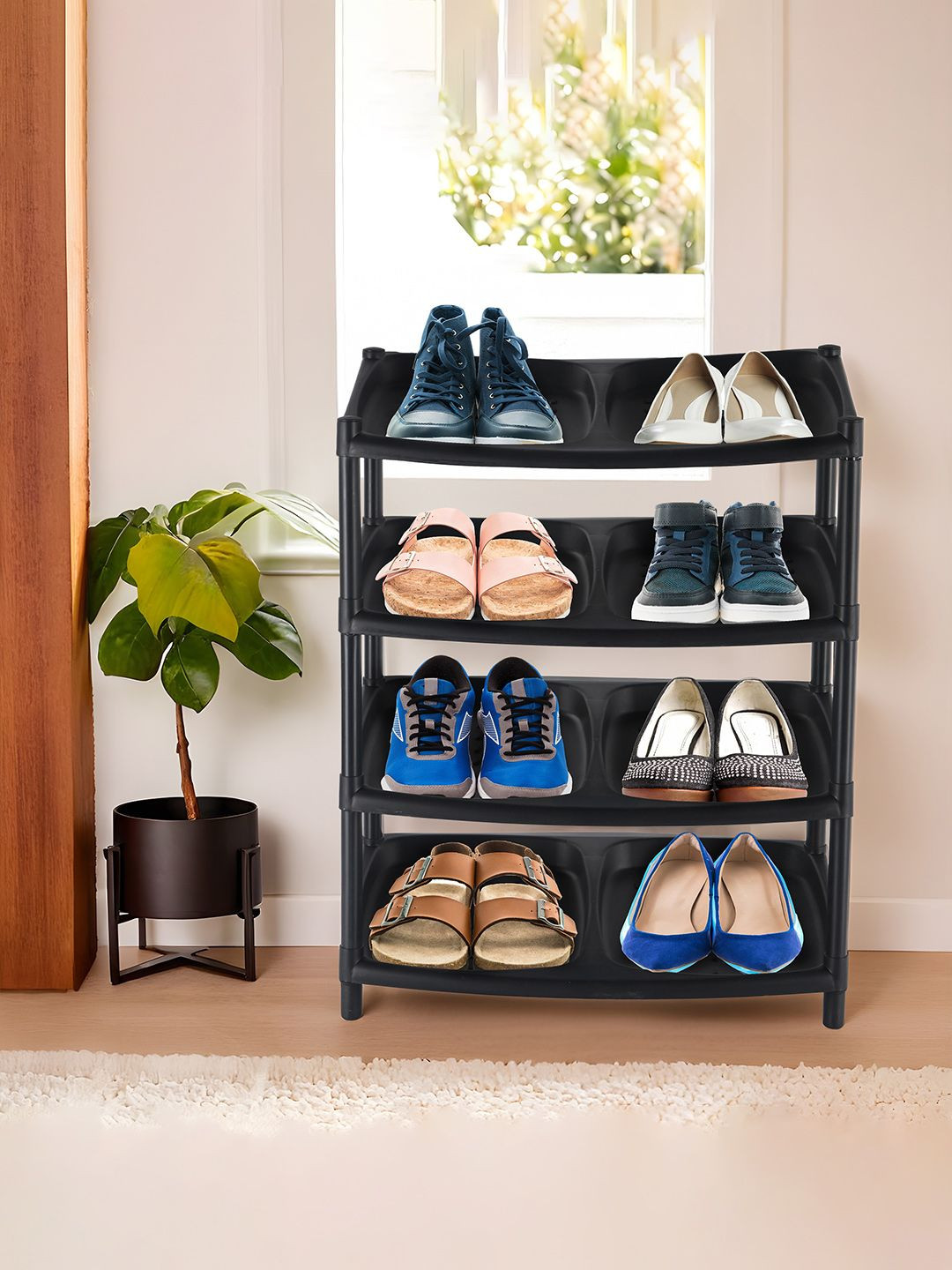Kuber Industries Black Collapsible 4-Layer 8-Compartment Shoes Rack Footwear Stand