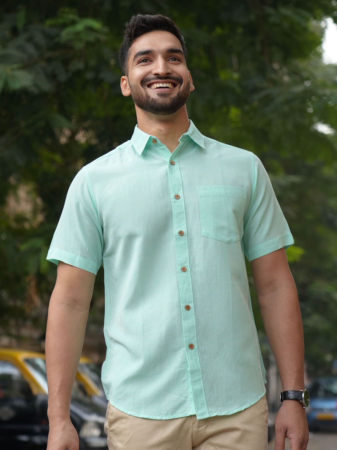 Earthy Route Men Comfort Spread Collar Solid Casual Shirt