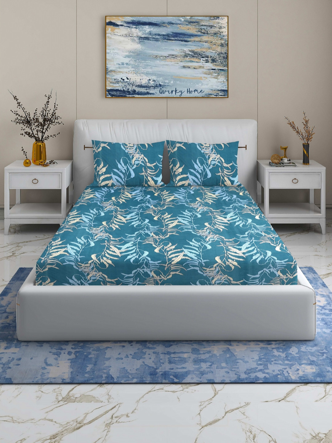Quirky Home Blue Leaf Microfiber 180 TC Queen Fine Bedsheet with 2 Pillow Covers-224 x 254 cm