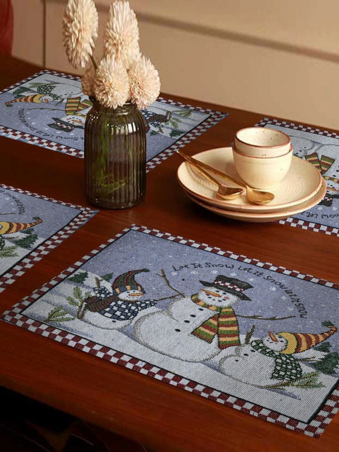 PRAKARTIK Set of 4 Blue & Yellow Embroidered Snow Christmas Cotton Dining Table Placemats