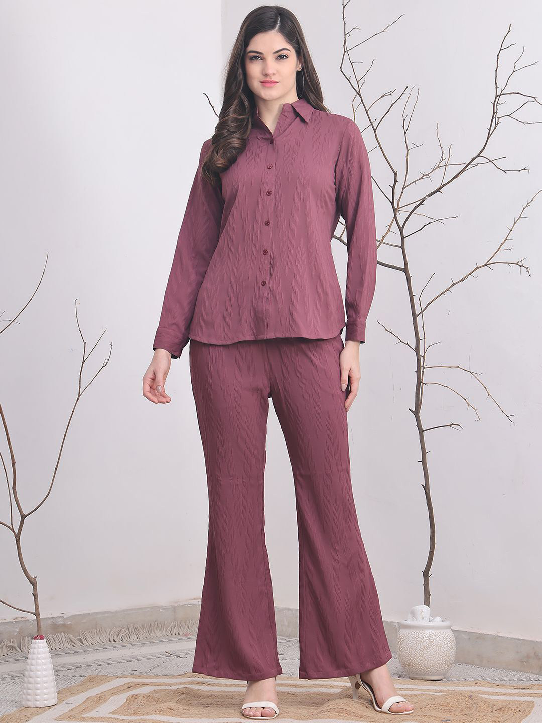 Claura Self Design Long Sleeves Shirt With Trousers