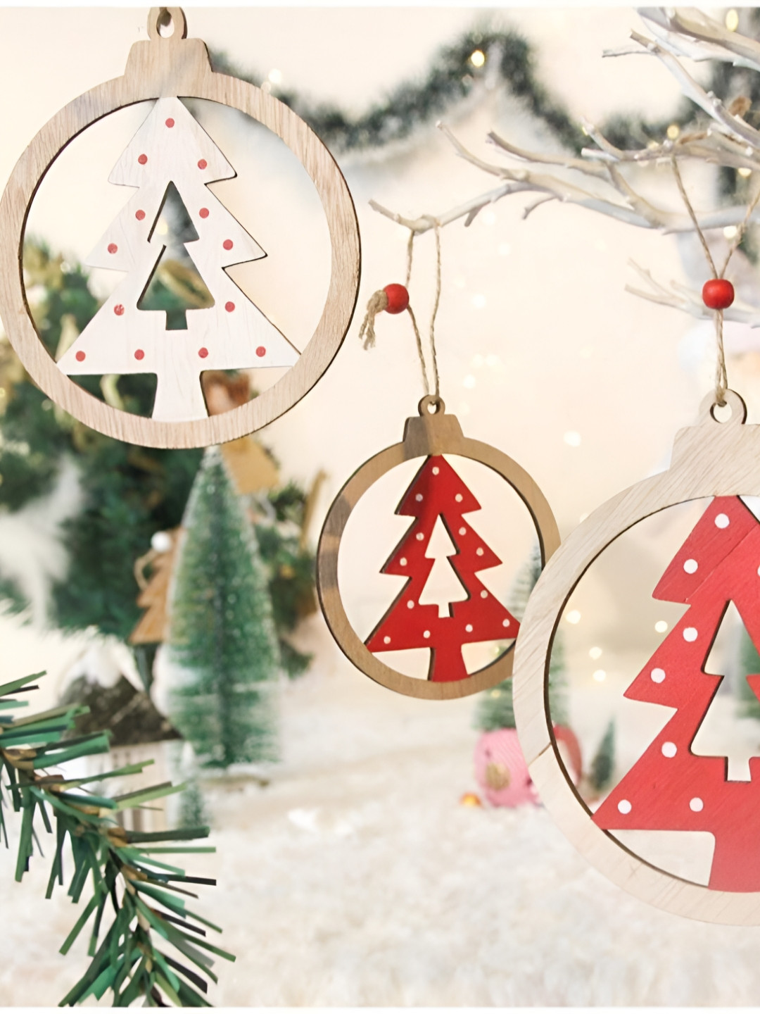 Ascension 3 Pcs Red & White Christmas Wooden Xmas Tree Cutout Hanging