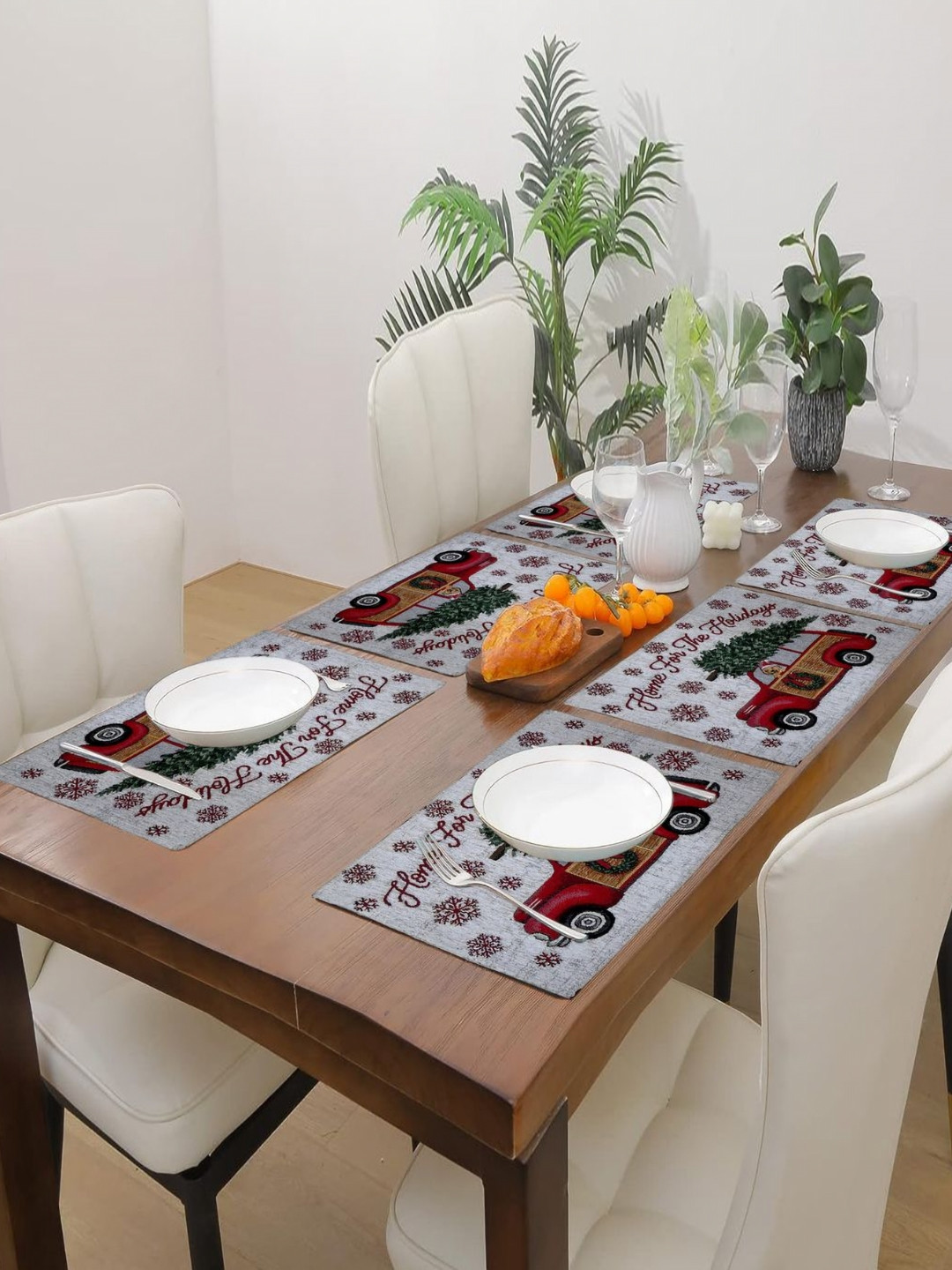 PRAKARTIK Set of 6 White & Red Embroidered Christmas Pure Cotton Dining Table Placemats