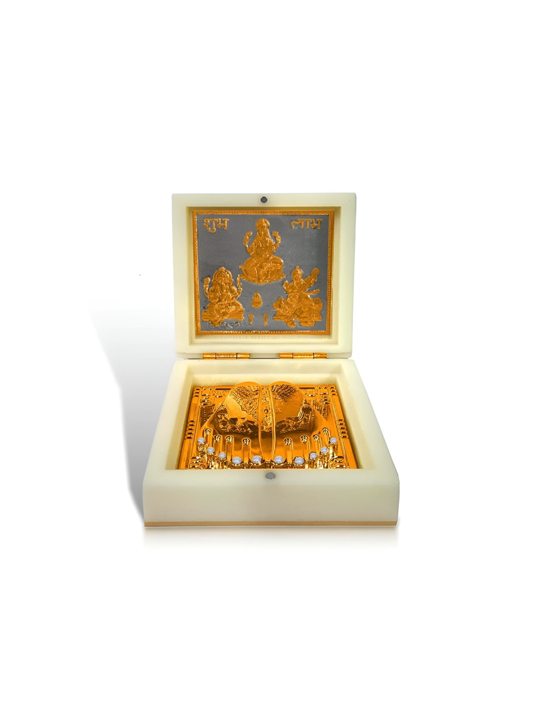 Adhvik Ganesha Mata Laxmi with Maa Saraswati Gold Metal Metallic Living Room Medium Showpiece -